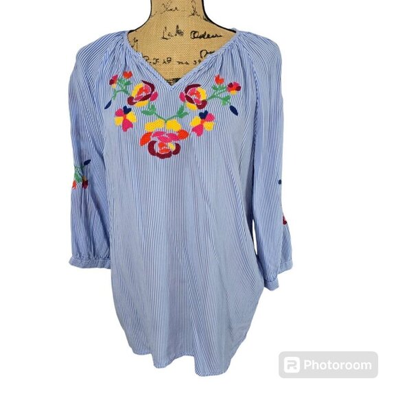 Artisan NY Blue Striped Flowy Colorful Floral Embroidery Boho Top - Picture 1 of 12
